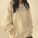 Trizchlor - Women Hoodie Harajuku Loose Oversized Solid Color Top Half Zip Up Sweatshirt Female Casual Long Sleeve Pocket Hooded Coats 2024