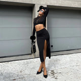 Autumn Two Piece Sets Women Black Slim Long Sleeves T-shirts Sexy Split Skirt Solid Fashion Suits Female Streetwear Partywear