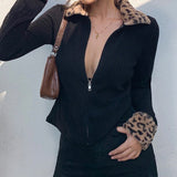 Trizchlor 2023 Autumn Winter Zipper Leopard Women Jackets Female Sweater Coat New Black Turndown Collar Long Sleeve Outerwear Hot Sale