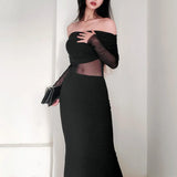 Autumn Sexy Women's Dress Strapless Black Lace Patchwork Long Sleeves Bodycon Dresses Streetwear Elegant Club Party Long Dress