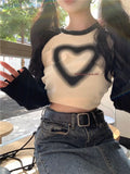 Deeptown Vintage Slim Long Sleeve T Shirts Women Y2K Harajuku Heart Print Crop Tops Kpop Grunge Casual Patchwork Aesthetic Tees
