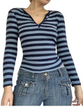 Trizchlor Stripe T Shirts for Women V Neck Long Sleeve Tops Y2K 2000s Fairy Grunge Clothes Vintage Streetwear Retro Crop Top