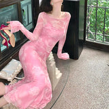 Maxi Dress For Women Autumn Fashion Streetwear Print Long Sleeves Sexy Bodycon Dress Casual Elegant Club Party Dresses Female
