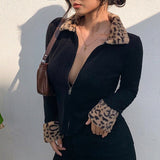 Trizchlor 2023 Autumn Winter Zipper Leopard Women Jackets Female Sweater Coat New Black Turndown Collar Long Sleeve Outerwear Hot Sale