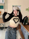 Deeptown Vintage Slim Long Sleeve T Shirts Women Y2K Harajuku Heart Print Crop Tops Kpop Grunge Casual Patchwork Aesthetic Tees