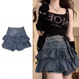 Trizchlor Y2K Vintage Women Korean Pleated Belted Short Denim Mini Skirt Grunge Streetwear High Waist Jeans A-line Denim Skirt Alt Clothes