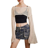 Womens Y2K Knitted Shrugs Crop Tops Crochet Hollow Out Cutout Long Sleeve Bolero Sweater Smock Top Beach Cover Ups G black