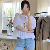 Trizchlor - Spring Summer Girls Bow Tie-up Peplum Top in Cotton Puff Sleeve Ladies Black White Cute Blouses for Women Fashion 2024