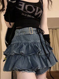 Trizchlor Y2K Vintage Women Korean Pleated Belted Short Denim Mini Skirt Grunge Streetwear High Waist Jeans A-line Denim Skirt Alt Clothes
