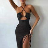Summer Black Sexy Dress For Women Sleeveless Backless Hollow Out Party Dress Fashion Lace-up Halter Bodycon Elegant Split Dress