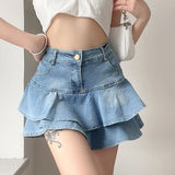DEEPTOWN Vintage Denim Skirt Shorts Women Summer Korean Fashion High Waist A-line Slim Cute Sexy Mini Jean Ruffle Skirt Female