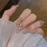 24P Nail Art Fake Nails Japanese Ballerina Press on Nails Set Diamond Streamer Flash Fly Butterfly Seamless Removable False Nail