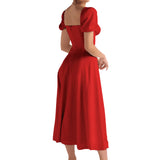 Trizchlor-Women's Summer Long Dress Solid Color Short Sleeve Square Neck Ruched Tie Up Party Dress
