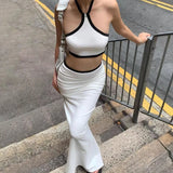 Sexy Camis Skirt Two Piece Set Women Slim Sleeveless Halter Crop Top Split Skirt Solid Fashion Suits Female Streetwear Partywear
