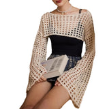 Trizchlor-Womens Y2K Knitted Shrugs Crop Tops Crochet Hollow Out Cutout Long Sleeve Bolero Sweater Smock Top Beach Cover Ups G black