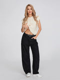Trizchlor - Women Fashion Loose Jeans Solid Color Mid Waist Wide Leg Denim Pants Spring Summer Casual Trousers Streetwear
