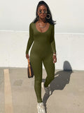 KIMB Solid Crew Neck Long Sleeve Bodycon Jumpsuit. Sports Yoga Skinny Long Length Seamless Jumpsuit. Women's Clothing