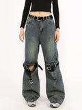 Trizchlor - Button Belted Knee-Cutout Straight Faded Jeans