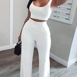 Casual Workout 2 Pieces Set. Cropped Sleeveless Tank Top & High Waist Wide Leg Pants Outfits. Women's Clothing
