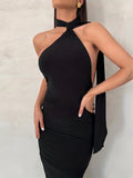 Trizchlor - Vzyzv Solid Halter Neck Dress, Sexy Backless Bodycon Ruched Sleeveless Dress, Women's Clothing
