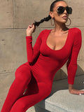 KIMB Solid Crew Neck Long Sleeve Bodycon Jumpsuit. Sports Yoga Skinny Long Length Seamless Jumpsuit. Women's Clothing