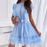 Trizchlor Summer Ruffle Lace Patchwork Dress Women Butterfly Sleeve Blue A Line Office Dress Sashes 2022 Female Chiffon Party Vestidos