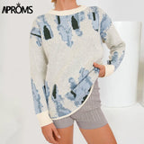 Trizchlor Vintage Hand-painted Print Oversized Sweaters Women Winter Warm Knitted Pullovers Streetwear Fashion Stretch Jumpers 2021