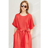 Trizchlor Minimalism New Causal Women's Dress Offical Lady 100%Linen Oneck Loose Belt Calf-Length Women's Summer Dress 12140192