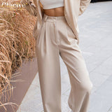 TRIZCHLOR Casual Solid Women Suit Fashion Long Sleeve Blouses Shirts Office Two Piece Pants Sets Elegant Wide Leg Trousers Suit