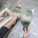 Trizchlor Summer Outdoor Mules Slippers Women Fashion Square Toe Furry Flat Shoes Office Ladies Feather Slides Chic Flats Green White Pink