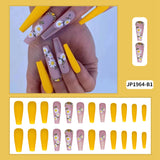 Trizchlor Halloween 24Pcs Extra Long Coffin False Nails Yellow Flower Designs Rhinestone Ballerina Fake Nails Full Cover Nail Tips Press On Nails