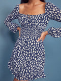 Trizchlor Vintage fashion new dress women square collar super chic navy blue long sleeves elastic waist lining mini dress