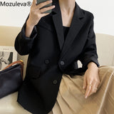 Trizchlor Vintage Back Split Solid Blazer Jacket Women Double Breasted Loose Blazer Spring Office Ladies Long Sleeve Coat Outwear