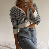 Trizchlor Autumn Winter Houndstooth Knitted Open Stitch Sweaters for Women Streetwear Sexy Cardigan Long Seeve Sweater Coats