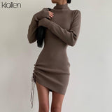 Trizchlor Autumn New Sweater Dress Women Long Sleeve Turtleneck Knit Solid Slim Drawstring Bodycon Dress Thicken Warm Streetwear