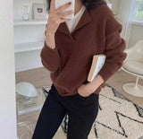 Trizchlor Casual Chic Loose Turn-Down Collar Women Knitted Jumpers Autumn New Full Sleeve Female Solid Pullover Sweaters 2023