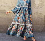 Trizchlor Stylish Womens Printed Sundress Summer Lace Patchwork Maxi Dress Flare Sleeve Maxi Vestidos Female V Neck Robe Femme