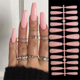 Trizchlor 24Pcs Fake Nails With Rose Color Lines Designs Long Coffin False Nails Press On Nail French Ballerina Nails Nail Art Patch Nail