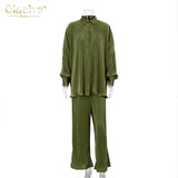 TRIZCHLOR Elegant Green Pants Set Women Autumn Long Sleeve Blouses Matching Wide Trousers Suit Loose Shirts Two Piece Pant Set
