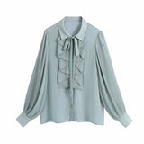 Trizchlor Women Tops And Bloues Chiffion Ruffled Bow Tied Pleated With Button Shirt Chic Tops Sweet Tops For Women Full Sleeves