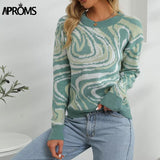 Trizchlor Elegant Green Flowing Swirl Knitted Sweater Women 2021 Winter Soft Stretch Pullovers Female Ribbed Warm Jumper Pull Femme