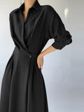 Trizchor Women's Elegant Casual A-Line Midi Shirt Dress Long Sleeve Slim Waist Black  Female Fashion Outerwear Cloths 2024