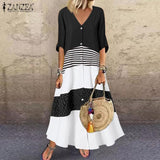 Trizchlor Women Stiching Sundress  2022 Elegant Summer Shirt Dress Half Sleeve Printed Maxi Vestidos Female V Neck Robe