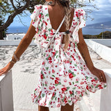 Trizchlor Summer Butterfly Sleeve Floral Print Dress 2024 Women Ruffle Square Collar Back Lace-up Sundress Boho A Line Beach Party Dress
