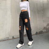 Trizchlor Hole Ripped Black Woman Distressed Jeans Casual Hip Hop High Waist Pants Capris Pocket Straight Denim Trousers Ladies