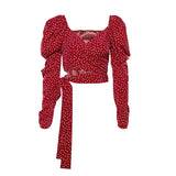 Vintage Polka Dot Women Puff Long Sleeve Wrap Top Elegant 2023 Lace Up Red Crop Top Blouse Sexy Backless Chic Female Shirts