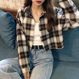Trizchlor Blouses Shirts Women Plaid Long Sleeve Crop Top All-Match Korean Style Leisure Preppy Street Loose Womens Fashion Ins Chic Retro
