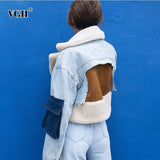 Christmas Gift VGH Patchwork Denim Jacket Women Long Sleeve lambswool Coat Tops Female Fashion Clothes Casual 2021 Winter New Plus Sizes