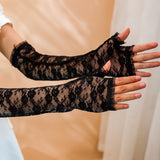 Trizchlor Long Lace Hollow-Out Fingerless Gloves Sun Protection Sleeves Mesh Lace Thin Cycling Sexy Accessories Black Bare Finger Gloves