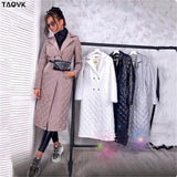 Christmas Gift Long straight winter coat with rhombus pattern Casual sashes women parkas Deep pockets tailored collar stylish outerwear